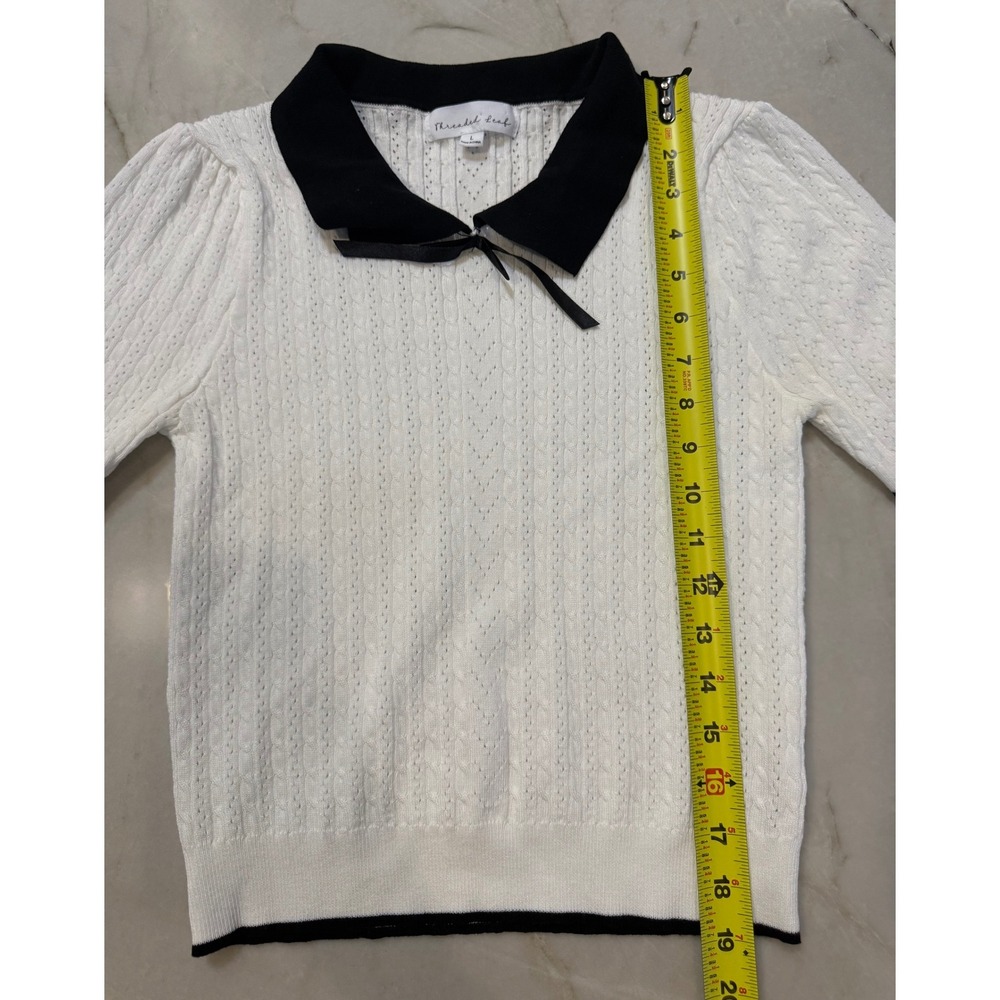Pointelle White Cable Knit Puff Sleeve Sweater Black Collar Bow Sz Small Sm 170 - Picture 8 of 10